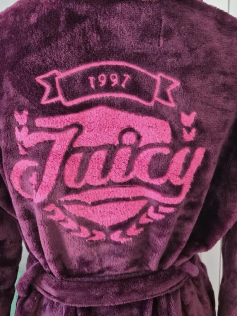 Juicy Couture Plush Fleece Robe Y2K Pink Logo Burgundy S/M - Picture 4 of 8